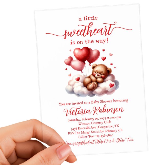 Invitaciones Acrílicas San Valentín de género Baby Shower neutro (Cute Valentine bear baby shower invitation. Gender neutral, add your event details.)