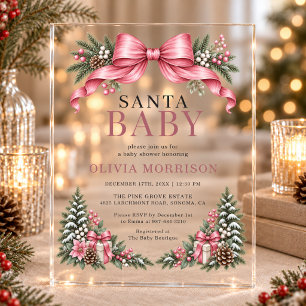Invitaciones Acrílicas Santa Baby Pink Bow Fiesta de Bebé