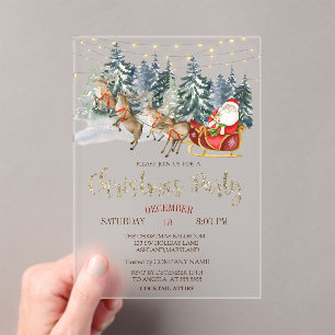 Invitaciones Acrílicas Santa,Trineo,Renos,Fiesta de Navidad en el Bosque