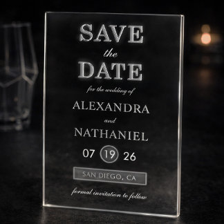 Invitaciones Acrílicas Save the Date de acrílico negro blanco minimalista