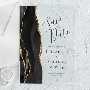Invitaciones Acrílicas Save the Date de Ágata Dorada Negra Moderna