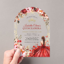 Invitaciones Acrílicas Scarlet Elegance Gold Enchanted Floral Quinceanera
