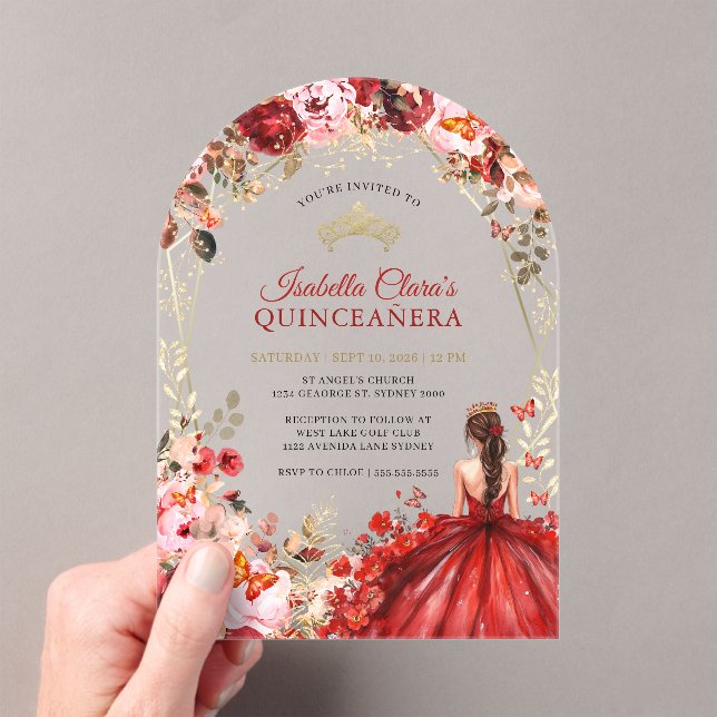 Invitaciones Acrílicas Scarlet Elegance Gold Enchanted Floral Quinceanera (Insitu (portátil))