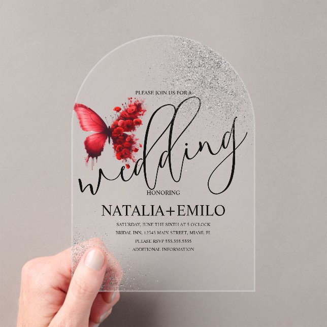 Invitaciones Acrílicas Script Minimal Bodas Mariposa Roja (Insitu (portátil))