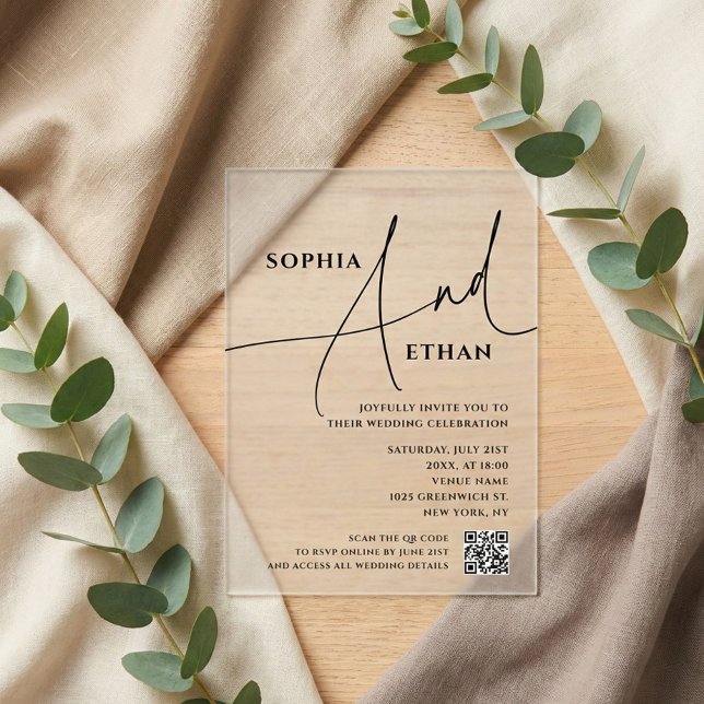 Invitaciones Acrílicas Script Typography Minimalist QR Code Wedding (Subido por el creador)