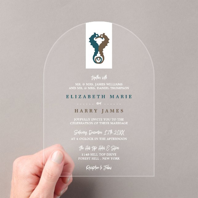 Invitaciones Acrílicas Seahorse Romance, Beach Wedding (Insitu (portátil))