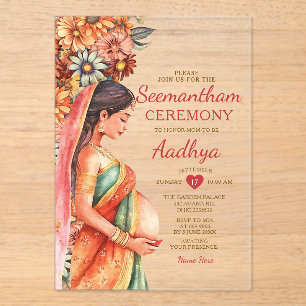 Invitaciones Acrílicas Seemantham India Baby Shower Valaikappu Madre