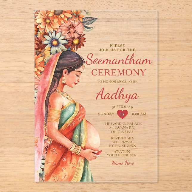 Invitaciones Acrílicas Seemantham India Baby Shower Valaikappu Madre (Anverso)