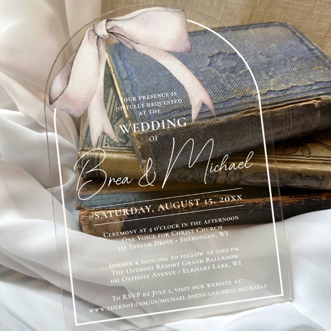 Invitaciones Acrílicas Sencilla acuarela Blanco Bow Elegante Boda Arco (Vintage watercolor white bow simple elegant script typography arch acrylic unique wedding invitation)