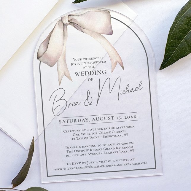 Invitaciones Acrílicas Sencilla acuarela Bow Elegante Boda De Arco Gris (Vintage watercolor white bow simple elegant script typography arch acrylic unique wedding invitation)