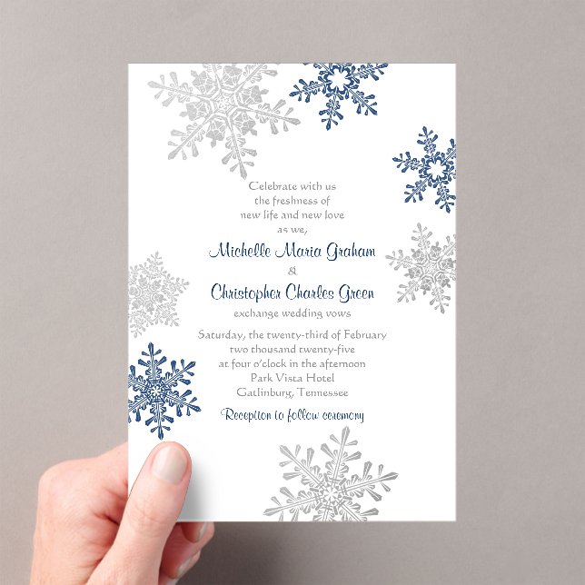 Invitaciones Acrílicas Sencilla boda de invierno con copos de nieve Blue  (Insitu (portátil))