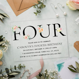 Invitaciones Acrílicas Sencillamente Elegante Cumpleaños Floral CUATRO 4