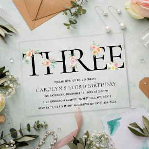 Invitaciones Acrílicas Sencillamente Elegante Floral TRES Tercios Cumplea
