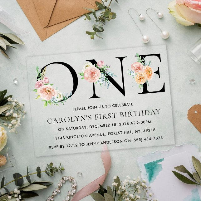 Invitaciones Acrílicas Sencillamente elegante floral UN Fiesta de cumplea (Subido por el creador)