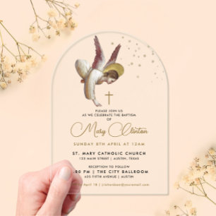 Invitaciones Acrílicas Sencillo Ángel Cristiano Religioso Bautizo Elegant