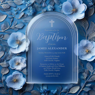 Invitaciones Acrílicas Sencillo Bautizo de Niño Minimalista Elegante Azul