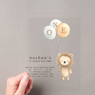 Invitaciones Acrílicas Sencillo Cumpleaños Minimalista León Pequeño y Lin