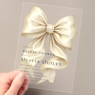 Invitaciones Acrílicas Sencillo Elegante Boho Marfil Crema Lazo Regadera