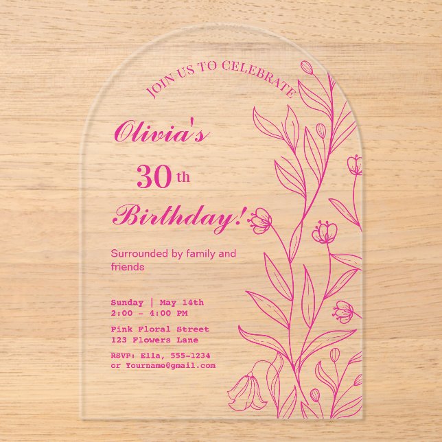 Invitaciones Acrílicas Sencillo Elegante Cumpleaños Floral Rosa Brillante (Anverso)