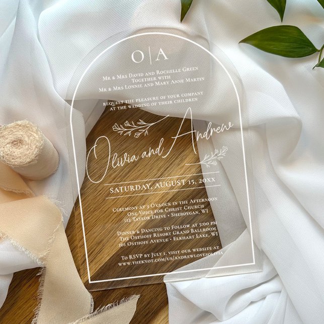 Invitaciones Acrílicas Sencillo y elegante arco Boda botánico (Simple monogram all white floral botanical modern monochrome script acrylic arch wedding invitation)