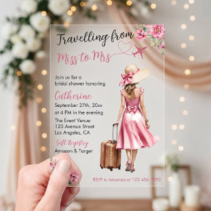 Invitaciones Acrílicas Señorita a Señora Viaje Rosa Lazo Vestido Despedid