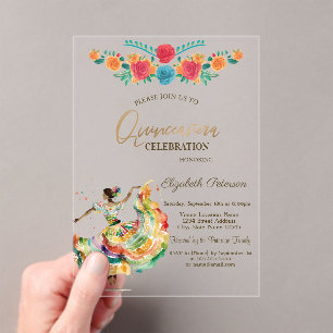 Invitaciones Acrílicas Señorita Mexicana Flores de Fiesta Quinceañera