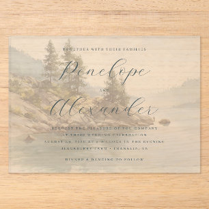 Invitaciones Acrílicas Serena escena junto al lago en verde apagado