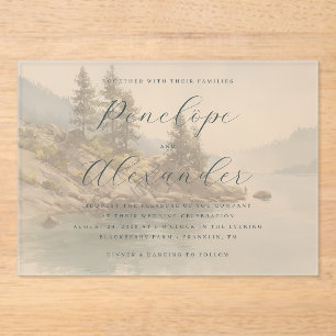 Invitaciones Acrílicas Serena escena lacustre de verde apagado