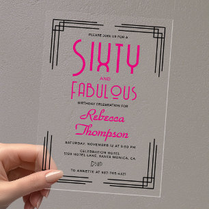 Invitaciones Acrílicas Sesenta y Fabuloso Rosa Caliente Art Deco 60 Cumpl