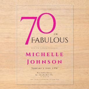 Invitaciones Acrílicas Setenta y Fabuloso Rosa Mínimo Cumpleaños 70