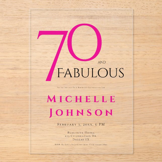 Invitaciones Acrílicas Seventy and Fabulous Minimal Pink 70th Birthday (Anverso)