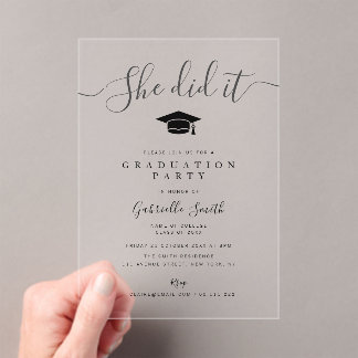 Invitaciones Acrílicas SHE DID IT! Modern Script Graduation Party