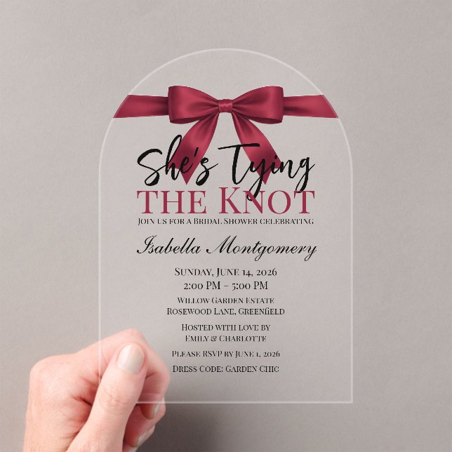 Invitaciones Acrílicas She’s Tying the Knot Theme Burgundy Bow (Insitu (portátil))