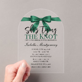 Invitaciones Acrílicas She’s Tying the Knot Theme Emerald Green Bow