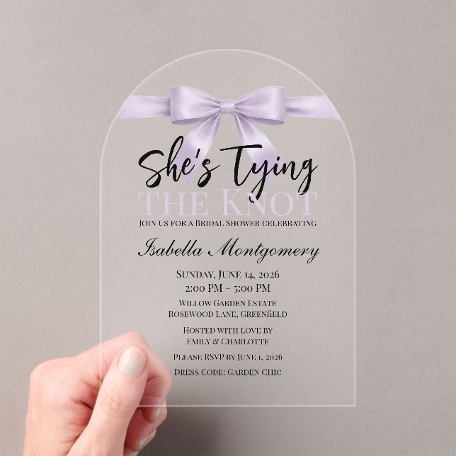 Invitaciones Acrílicas She’s Tying the Knot Theme Lavender Bow (Insitu (portátil))
