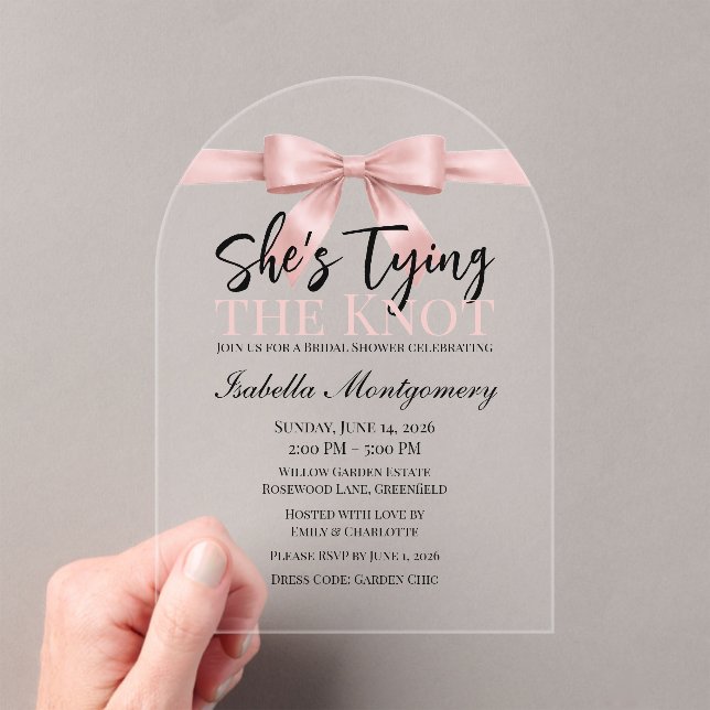 Invitaciones Acrílicas She’s Tying the Knot Theme Pink Bow (Insitu (portátil))