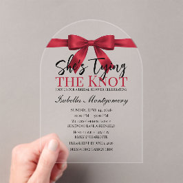 Invitaciones Acrílicas She’s Tying the Knot Theme Red Bow