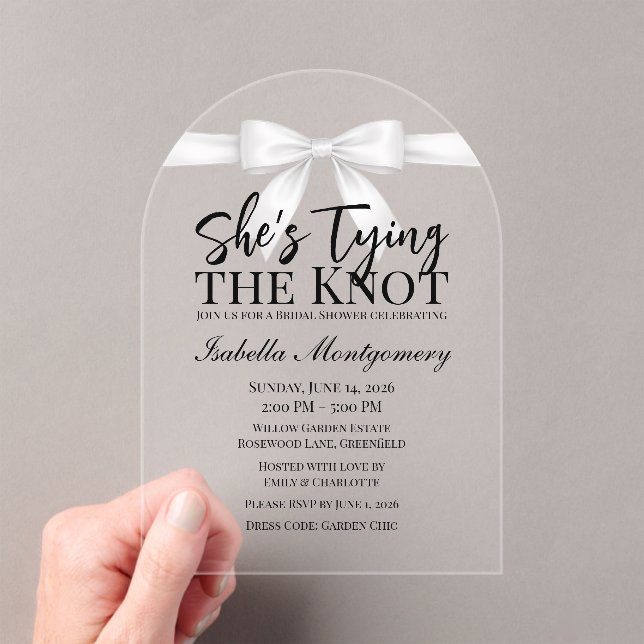 Invitaciones Acrílicas She’s Tying the Knot Theme White Bow (Insitu (portátil))