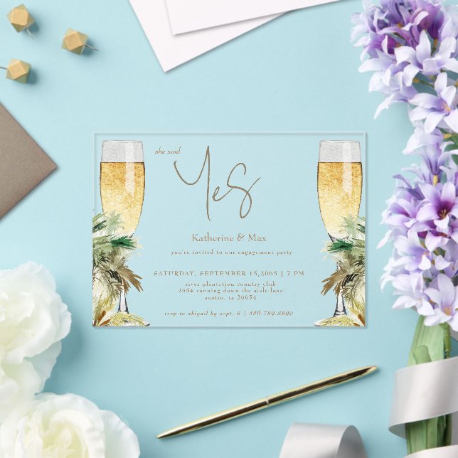 Invitaciones Acrílicas She Said Yes Champagne Tropical Engagement Party  (Insitu (Boda))