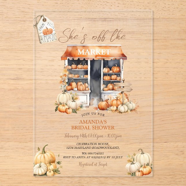 Invitaciones Acrílicas She's Off The Market Fall Pumpkin Bridal Shower (Anverso)