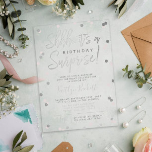 Invitaciones Acrílicas Shhh... Confeti de papel plateado para cumpleaños 