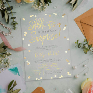 Invitaciones Acrílicas Shhh... Fiesta de Cumpleaños Sorpresa Confeti de H