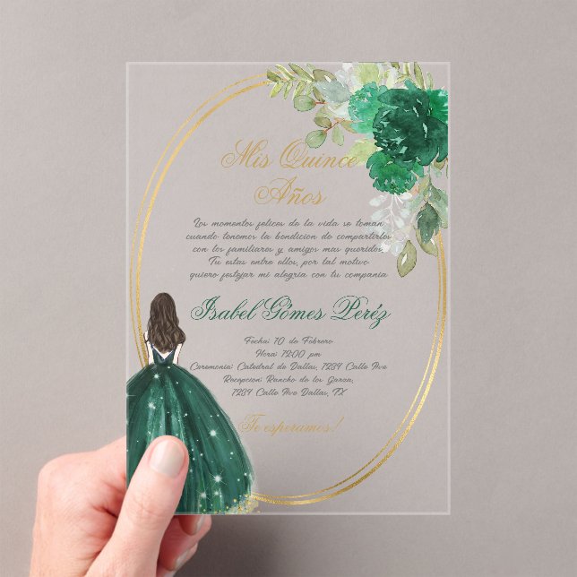 Invitaciones Acrílicas Silhouette Quinceanera verde esmeralda (Insitu (portátil))