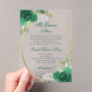 Invitaciones Acrílicas Silhouette Quinceanera verde esmeralda