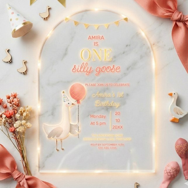 Invitaciones Acrílicas Silly Goose First Birthday Personalized Arch Party (Subido por el creador)