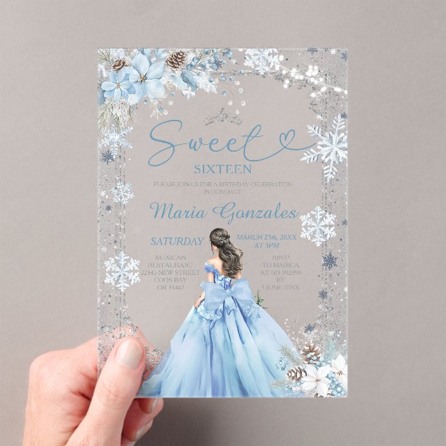 Invitaciones Acrílicas Silver and Blue Christmas Sweet Sixteen Birthday (Insitu (portátil))