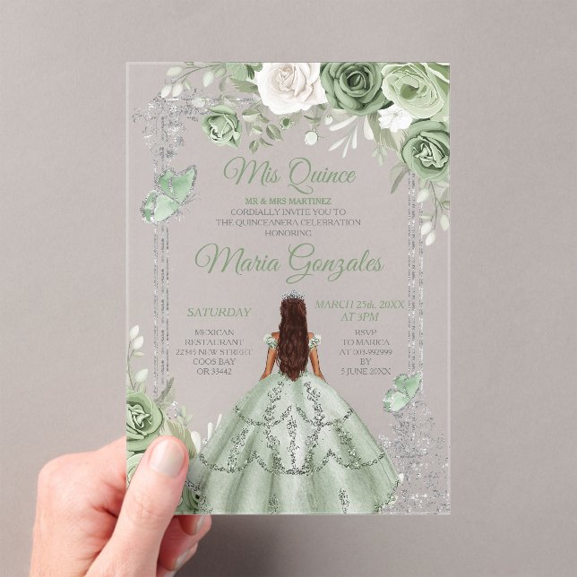 Invitaciones Acrílicas Silver Mis Quince Sage Green Floral Quinceañera (Insitu (portátil))