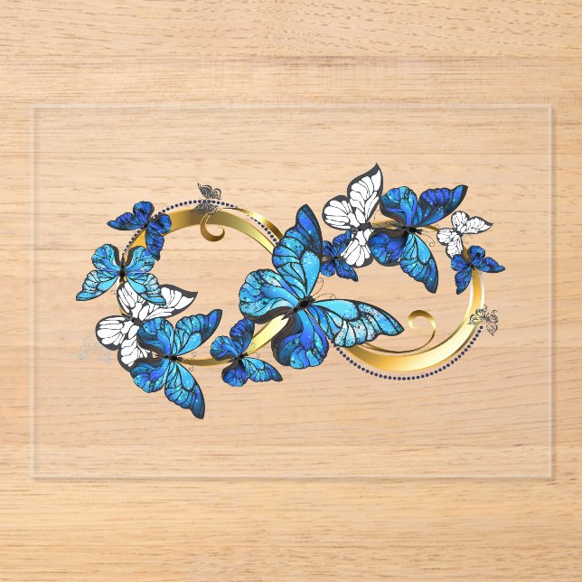 Invitaciones Acrílicas Símbolo infinito de mariposas Morpho azules (Anverso)