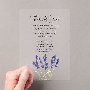 Invitaciones Acrílicas Simpatía de lavanda Floral Funeral Gracias