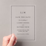 Invitaciones Acrílicas Simple Boda Blanca y Negra Salva la Fecha<br><div class="desc">Simplemente guarde la fecha con un diseño moderno y elegante con su monograma de dos letras en la parte superior y sus detalles bodas rodeados de un borde delgado. Una moda y un diseño de diseño,  ideal para una pareja minimalista.</div>